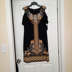 JM Collection Size Large Black Yellow Sparkle Shortsleeve Midi Dress
